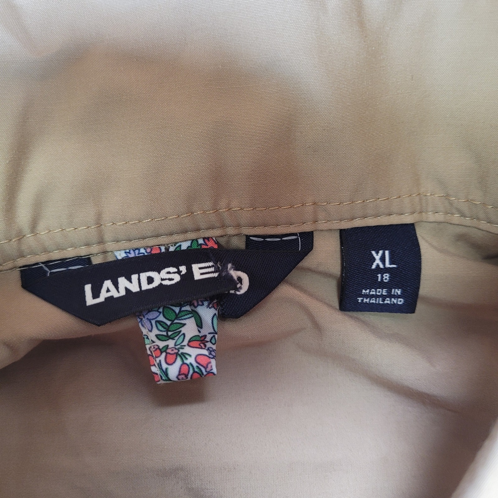 Lands End Womens Xl 18 Tan Hooded Field Jacket Floral Cuff Light Weight — image 4 of 7